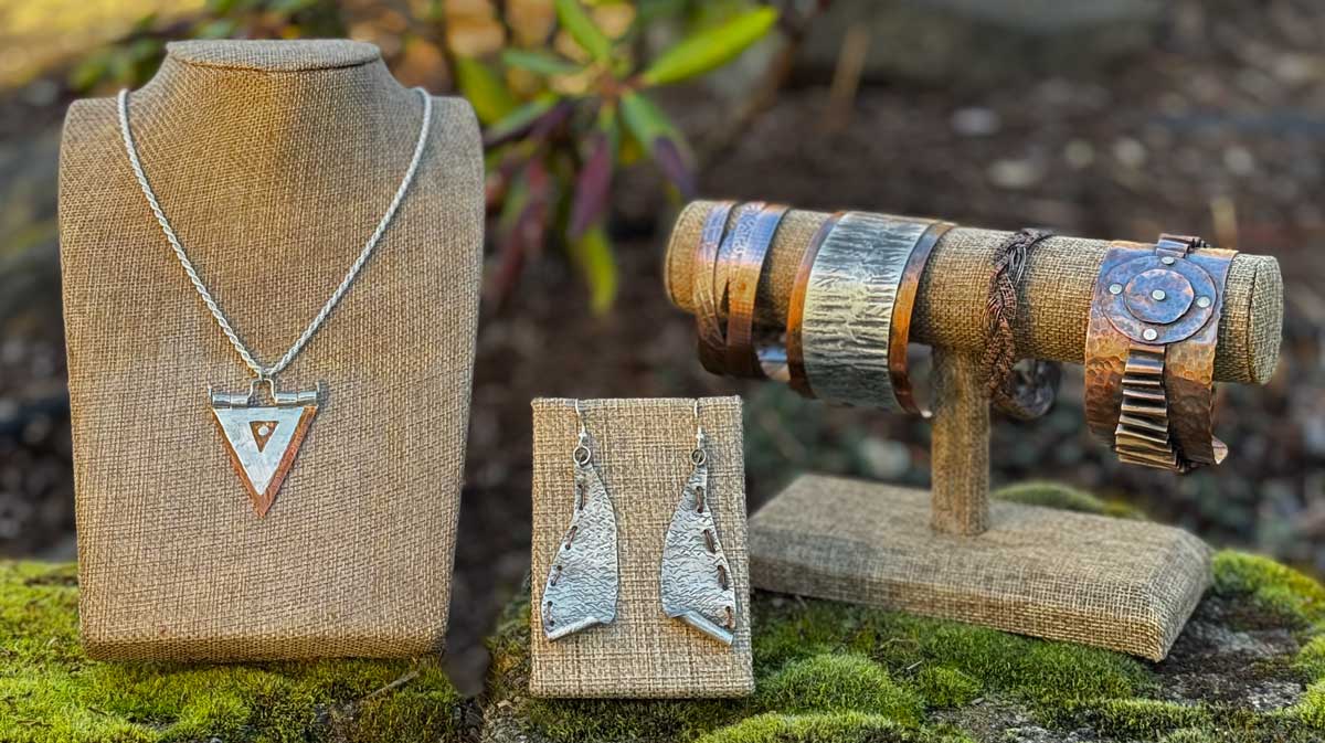 Sterling silver and copper necklace, earrings and cuff bracelets