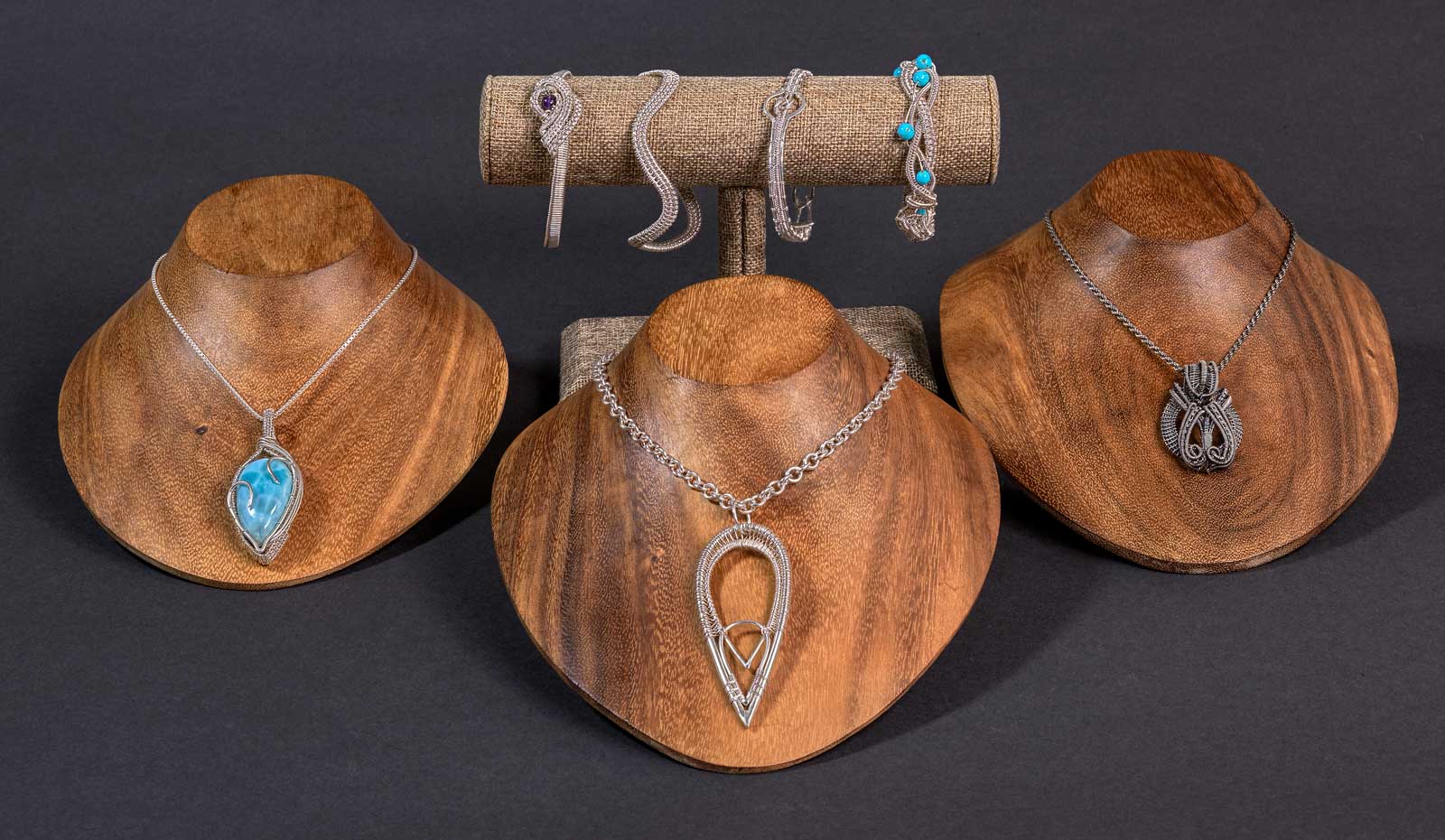  Included in this photo (left to right): Ocean Drop • Woman • Heart Obscured; &nbsp;Bracelets (left to right): Whipped Cream Curl • Waves • Lover's Knot • Hard Candy Braid 